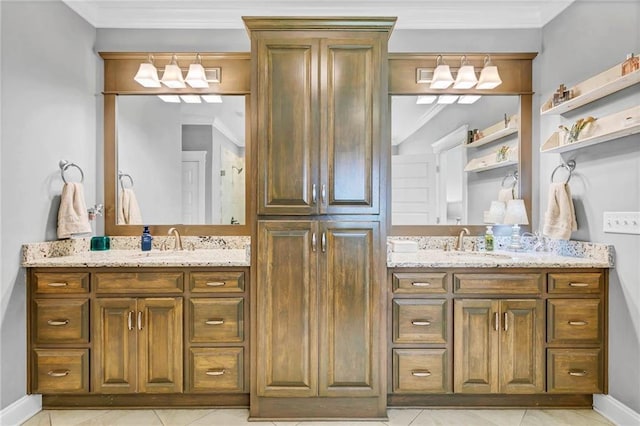 8662 Daintree Ct, Daphne, AL 36526 - bathroom with vanity, ornamental molding, and tile patterned flooring