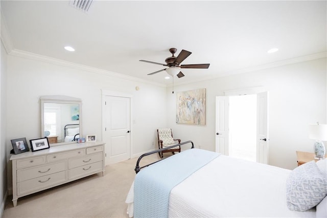 bedroom with crown molding, light carpet, visible vents, and recessed lighting