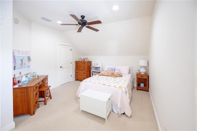 bedroom featuring baseboards, ceiling fan, light colored carpet, lofted ceiling, and recessed lighting