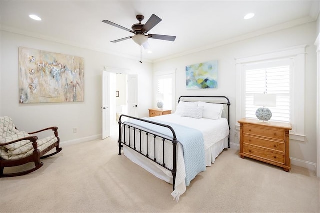 bedroom featuring light carpet, ornamental molding, baseboards, and recessed lighting