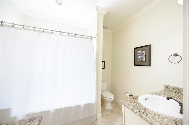 full bath with toilet, baseboards, tile patterned floors, vanity, and crown molding