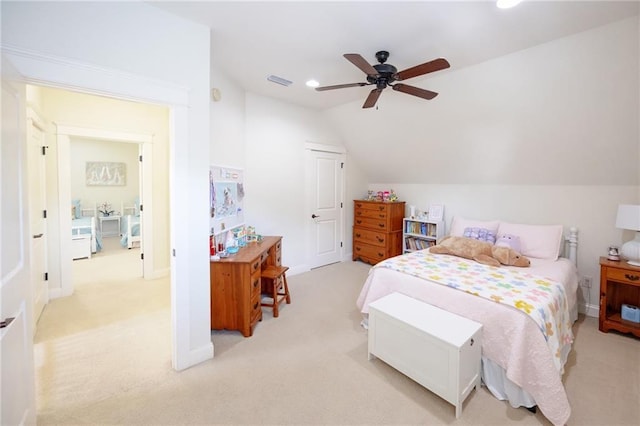 bedroom with light colored carpet, visible vents, lofted ceiling, and recessed lighting