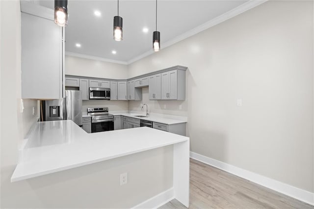 kitchen featuring a sink, a peninsula, gray cabinetry, and stainless steel appliances