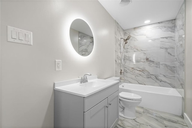 bathroom featuring toilet, marble finish floor, recessed lighting, bathing tub / shower combination, and vanity