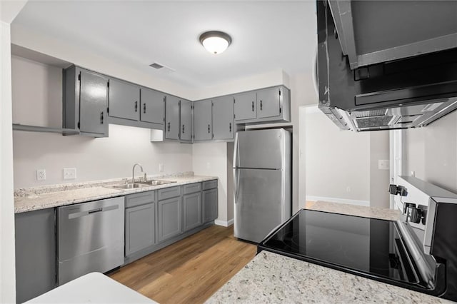 kitchen featuring light wood-style flooring, stainless steel appliances, a sink, visible vents, and gray cabinets