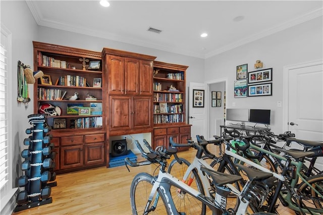 interior space featuring crown molding and light hardwood / wood-style flooring