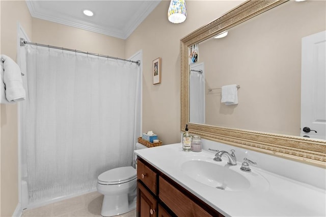 bathroom featuring tile patterned flooring, ornamental molding, vanity, walk in shower, and toilet