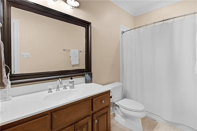 bathroom featuring crown molding, tile patterned floors, vanity, and toilet