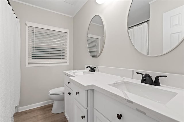 bathroom with toilet, vanity, and hardwood / wood-style flooring