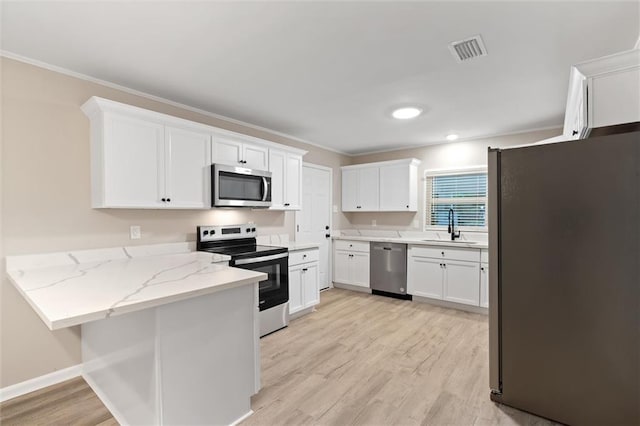 kitchen featuring kitchen peninsula, stainless steel appliances, white cabinetry, and light hardwood / wood-style floors