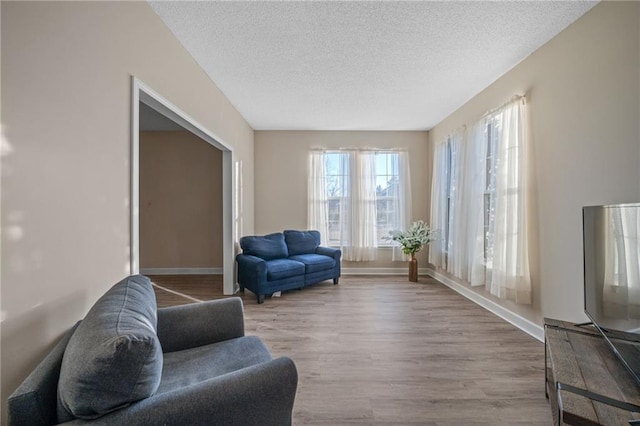 living room featuring light hardwood / wood-style floors and a textured ceiling