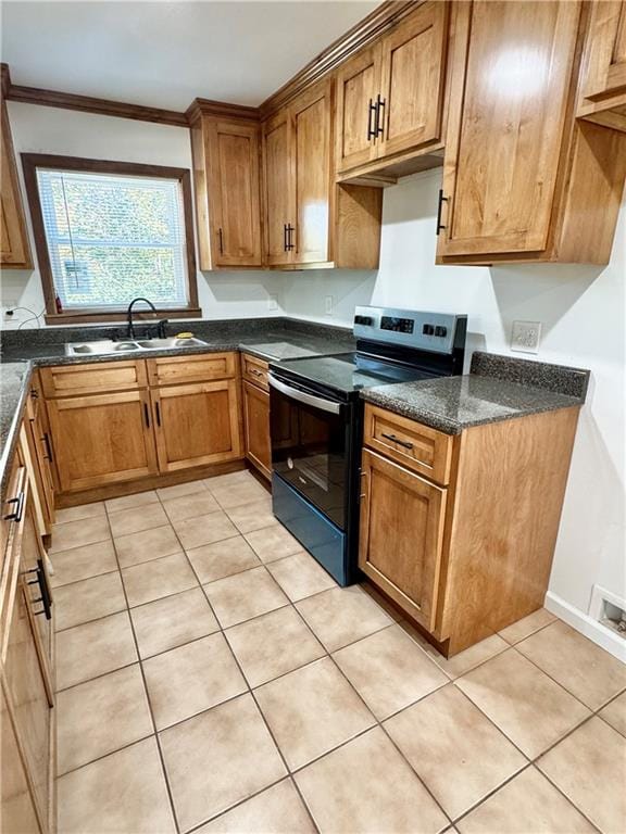 kitchen with light tile patterned floors, black / electric stove, crown molding, and sink