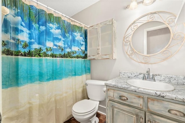 bathroom with a shower with shower curtain, vanity, and toilet