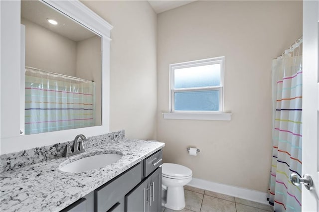 bathroom with tile patterned floors, vanity, toilet, and a shower with shower curtain