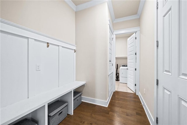 mudroom with washer / clothes dryer, dark hardwood / wood-style floors, and ornamental molding