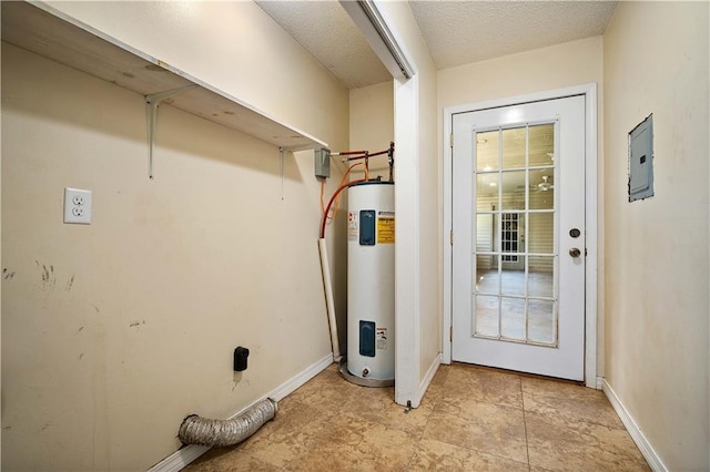 interior space with electric panel and water heater