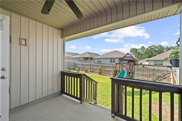 10520 Wales Ln, Spanish Fort, AL 36527 - view of patio / terrace with a playground, ceiling fan, and a residential view