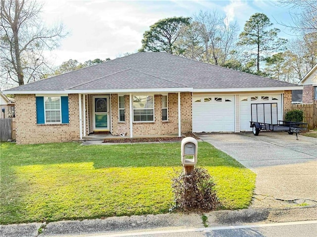 single story home featuring driveway, a garage, fence, a front lawn, and brick siding