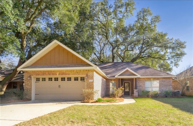 view of front facade featuring a garage, a front lawn, concrete driveway, and brick siding