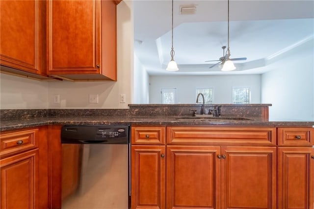 kitchen with visible vents, a sink, ceiling fan, dark stone counters, and dishwasher