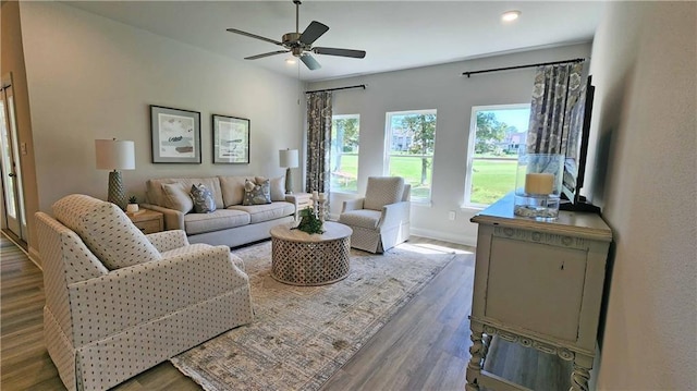 living room featuring ceiling fan and wood-type flooring