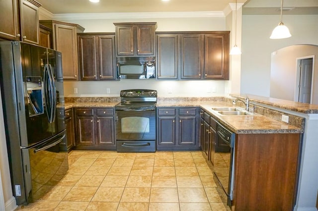 kitchen with pendant lighting, ornamental molding, a sink, a peninsula, and black appliances