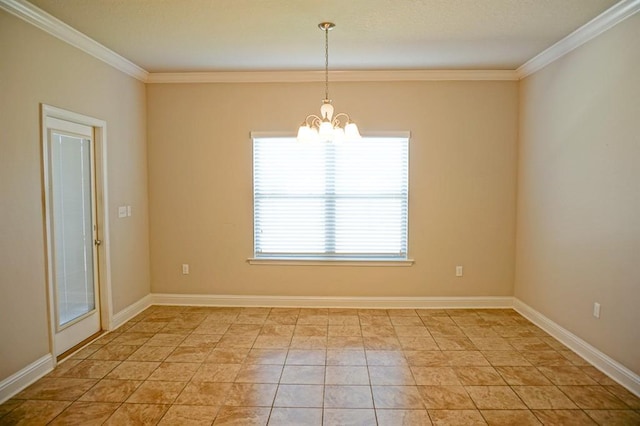 empty room featuring a chandelier, ornamental molding, baseboards, and light tile patterned floors