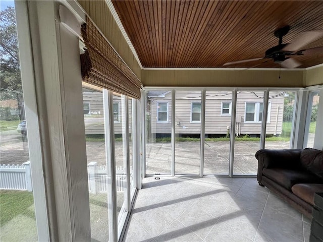 sunroom featuring wooden ceiling and ceiling fan