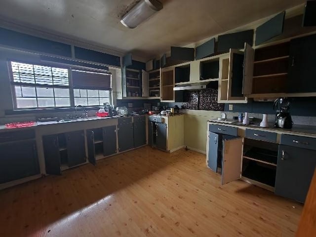 5320 Catherine Dr, Satsuma, AL 36572 - kitchen with open shelves, light wood finished floors, and under cabinet range hood
