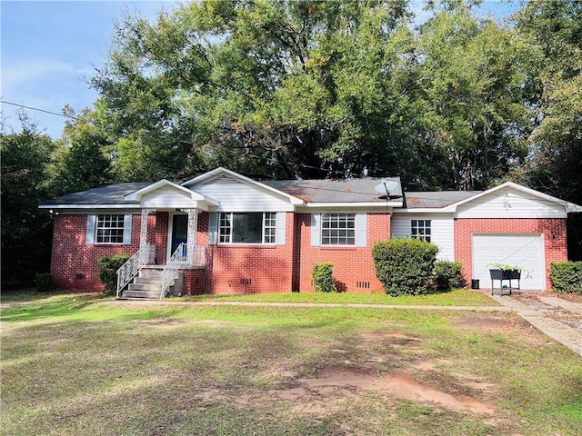 single story home with a front yard and a garage