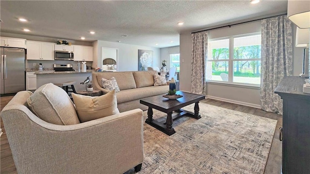 living room featuring a textured ceiling and hardwood / wood-style floors