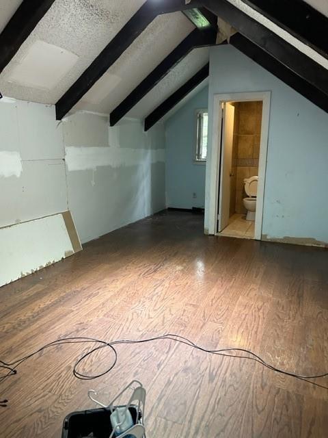 additional living space featuring wood-type flooring, a textured ceiling, and vaulted ceiling