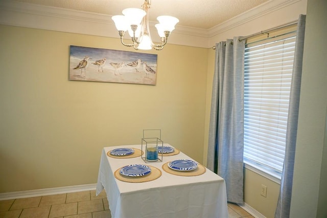 8470 Desert Oak Ct, Mobile, AL 36695 - dining space featuring a chandelier, light tile patterned floors, crown molding, baseboards, and a textured ceiling