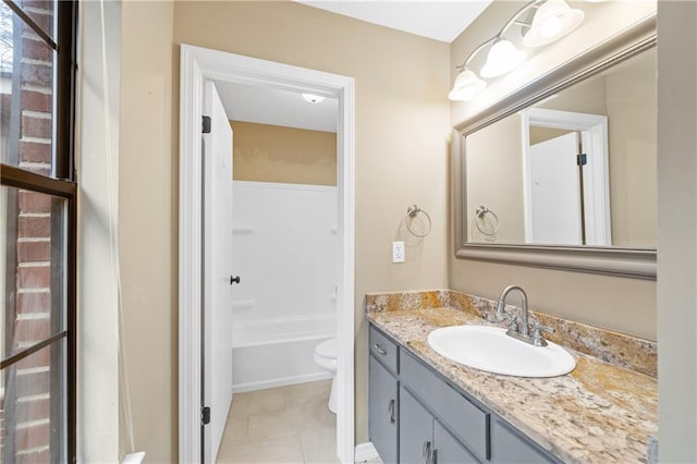 full bath featuring toilet, shower / washtub combination, vanity, and tile patterned floors