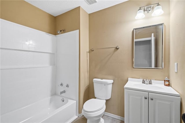 full bath with bathtub / shower combination, toilet, visible vents, vanity, and baseboards