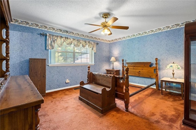 bedroom with a textured ceiling, wallpapered walls, visible vents, and carpet floors