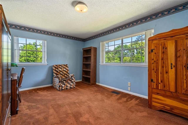 sitting room featuring a textured ceiling, baseboards, visible vents, and carpet floors