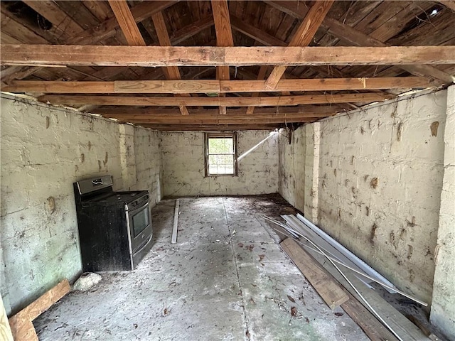 miscellaneous room with vaulted ceiling and a wood stove