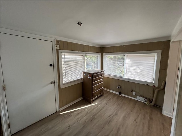 interior space featuring light hardwood / wood-style floors and wooden walls