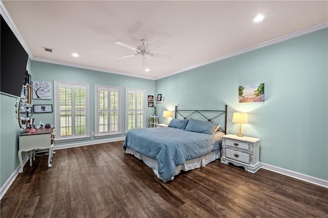 9791 Aspen Cir, Daphne, AL 36527 - bedroom featuring dark wood-type flooring, crown molding, recessed lighting, a ceiling fan, and an office area
