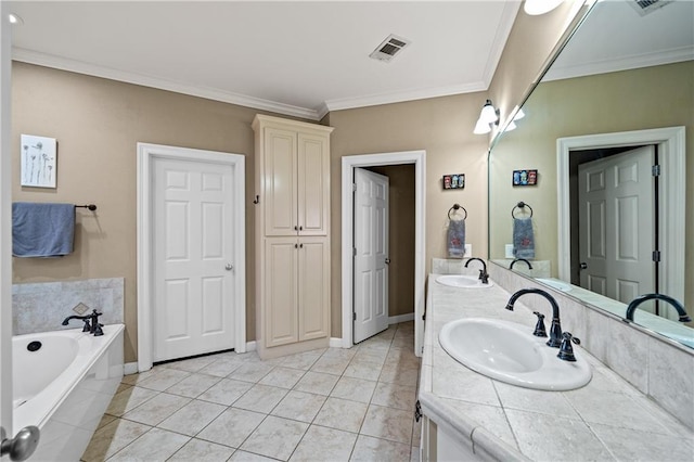 9791 Aspen Cir, Daphne, AL 36527 - full bathroom featuring double vanity, a bath, ornamental molding, and tile patterned flooring