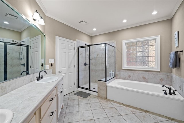 9791 Aspen Cir, Daphne, AL 36527 - full bathroom with a garden tub, double vanity, a stall shower, tile patterned flooring, and recessed lighting