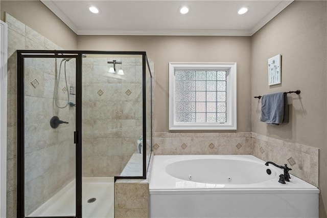 9791 Aspen Cir, Daphne, AL 36527 - full bathroom featuring a jetted tub, a stall shower, crown molding, and recessed lighting