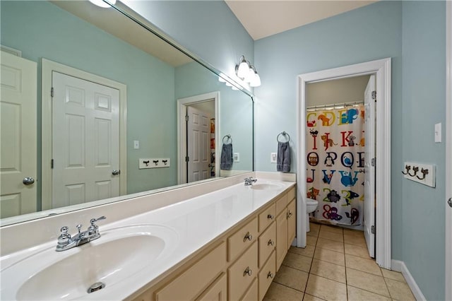 9791 Aspen Cir, Daphne, AL 36527 - full bath featuring double vanity, tile patterned floors, and a shower with curtain