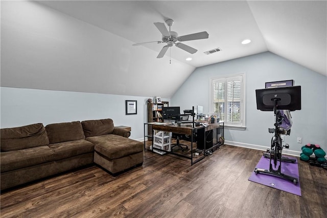 9791 Aspen Cir, Daphne, AL 36527 - office featuring wood finished floors, ceiling fan, vaulted ceiling, and recessed lighting