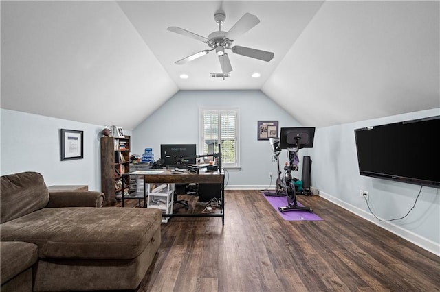 9791 Aspen Cir, Daphne, AL 36527 - office featuring wood finished floors, vaulted ceiling, and a ceiling fan