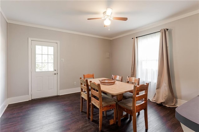 dining space featuring ornamental molding, dark wood-type flooring, and ceiling fan