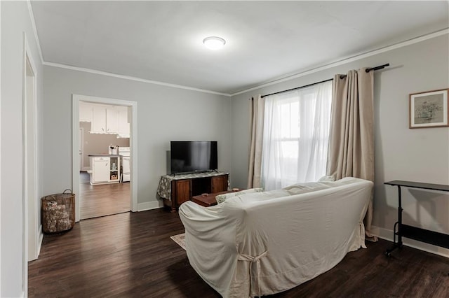 living room featuring ornamental molding and dark hardwood / wood-style floors