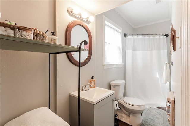 bathroom featuring lofted ceiling, walk in shower, toilet, ornamental molding, and vanity