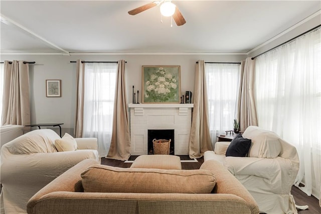 living room with hardwood / wood-style floors, a fireplace, and ceiling fan